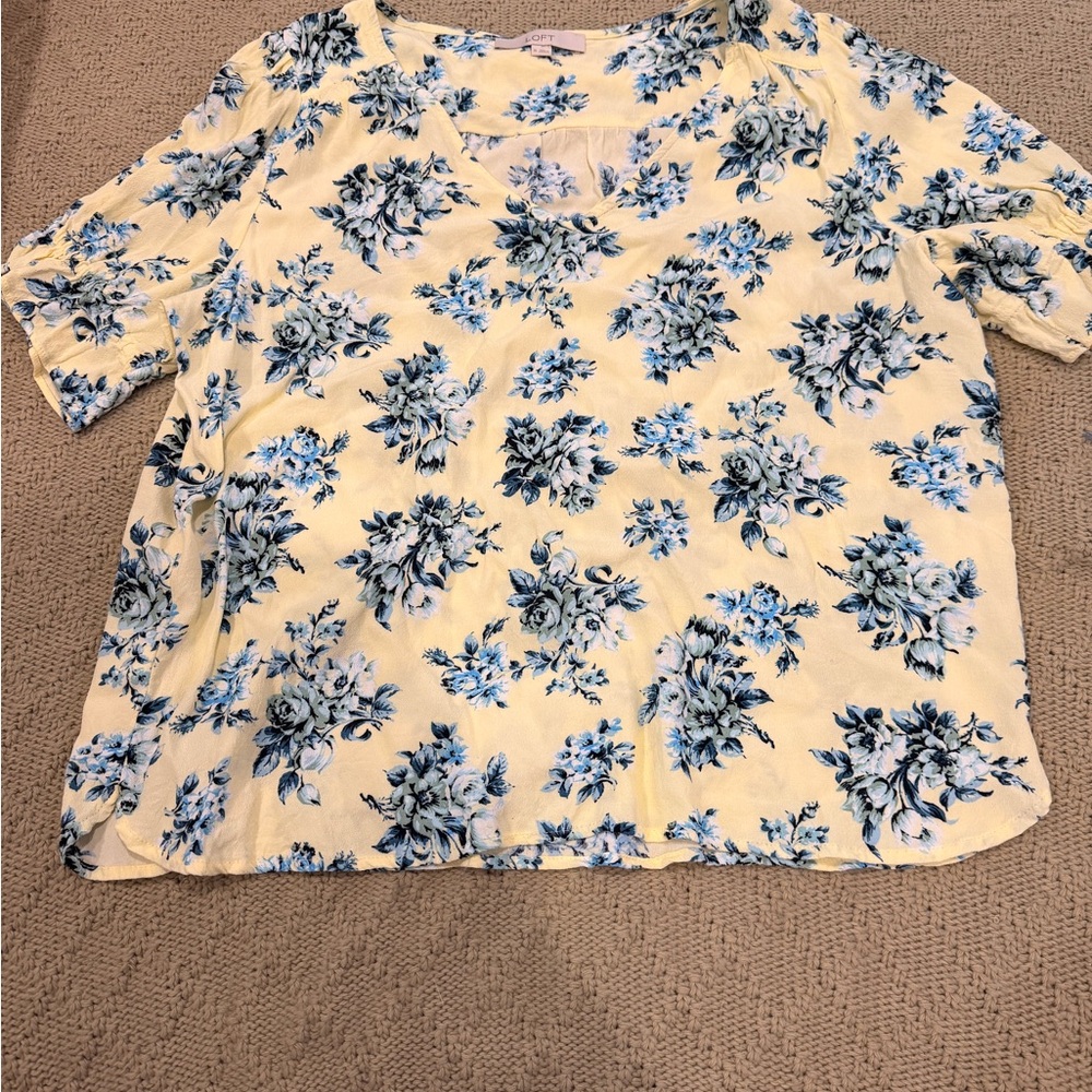 LOFT Yellow Short-Sleeve Floral V-Neck Blouse